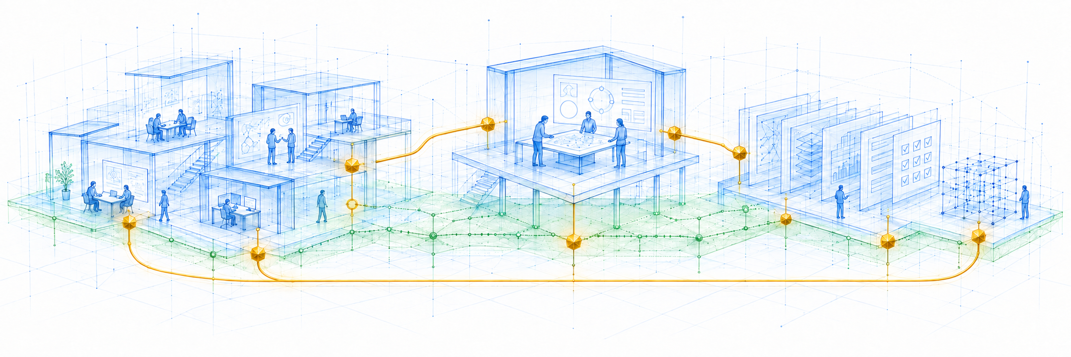 Expertise shapes the specification before execution. Learning returns to the people who keep the shared knowledge current.